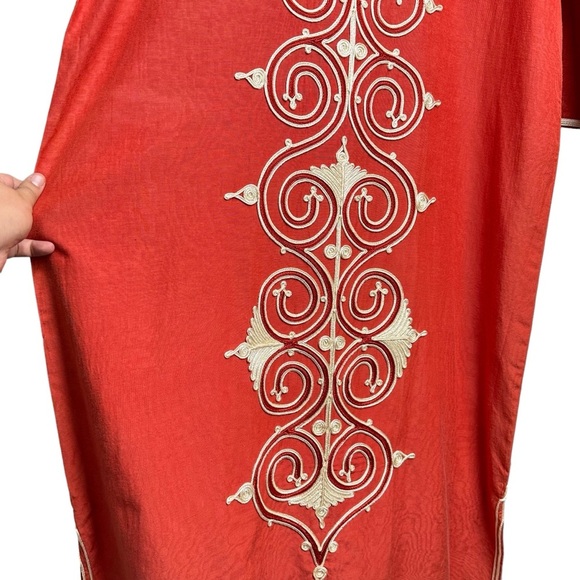 El Abadi Size XL Caftan Brick Red Ornate Embroidered Cotton Tunic Desert Prayer - Picture 4 of 14
